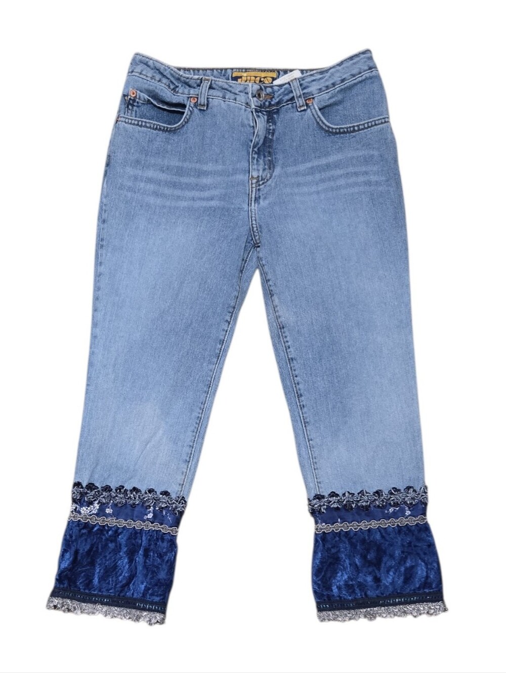 Vintage 90s JNCO 'Girlie Stuff' Light Wash 'Flood' Jeans Blue Velvet Lace Trim 9
